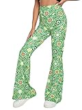 WDIRARA Women's Heart Print Elastic High Waist Flare Leg Stretch Casual Pants Green Floral XS