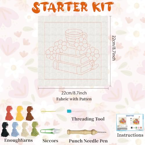 Image of BEUNITONE Book and Flower Punch Needle Kit for Adults Beginners, Complete DIY Craft Embroidery Kits with Hoop, Punch Needle Starter Craft Set for Festival Gift and Home Decor 9.4x9.4in