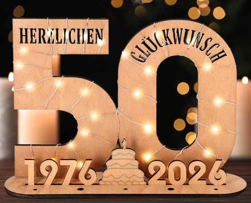 Giftota - 2026 Originelle 50 Geburtstag Geschenk Frauen & Männer - 50 Goldene Hochzeit - Geldgeschenke 50 mit LED Lichterkette Ständer - Holz-Schild Gästebuch - 50 Geburtstag Deko - Hochzeitsgeschenke