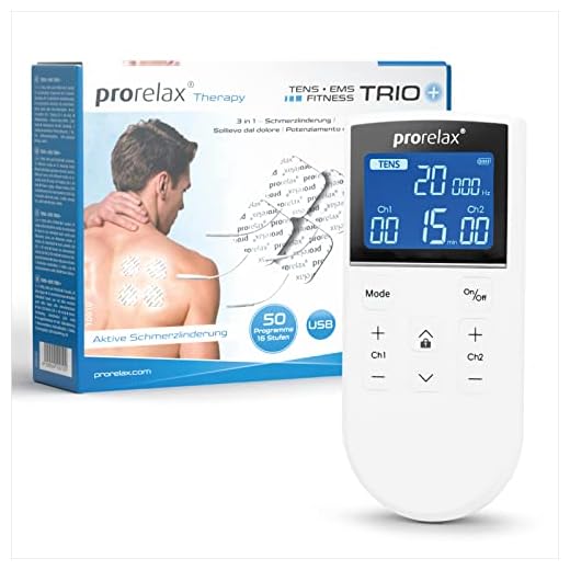 prorelax TENS/EMS Trio+ | Akkubetriebenes Elektrostimulationsgerät | 3 Therapien - TENS, EMS, FITNESS | Zur Entspannung, zum Muskelaufbau, zur Schmerzlinderung | 50 Programme | 16 Intensitätsstufen