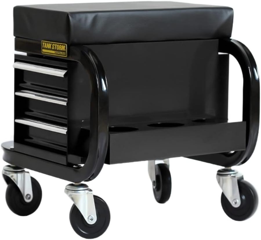 Heavy Duty Multi-Function Mechanic’s Rolling Seat, Square Shop Stool with Padded Seat Cushion, Tool Storage Drawer and Tray, Garage Roller Seat