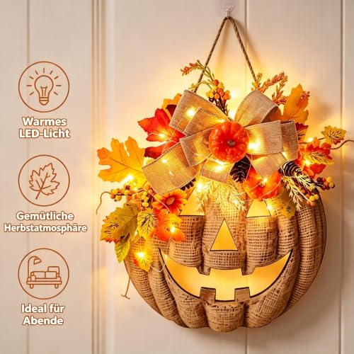 Beleuchteter Holz-Kürbis Türhänger, Beleuchtetes Halloween Türschild, LED Kürbis Wanddekoration, Herbst Schaufensterdekoration, Landhausstil Deko, Hängende Herbstdekoration – Bild 3