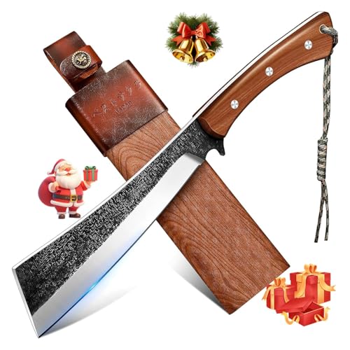 Freelander Japanese Style High Carbon Steel Machete with Red Sandalwood Ergonomic Full Tang Handle and Wood-Leather Sheath, for Camping, Hiking, Yard Work, and Survival,Christmas Gifts for Men Women