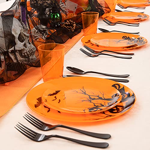 180Pcs Halloween Plastic Dinnerware Set For 30 Persons Halloween Tableware Party Supplies Orange With Black Patterns Include Pumpkin Bat Design #TOP3