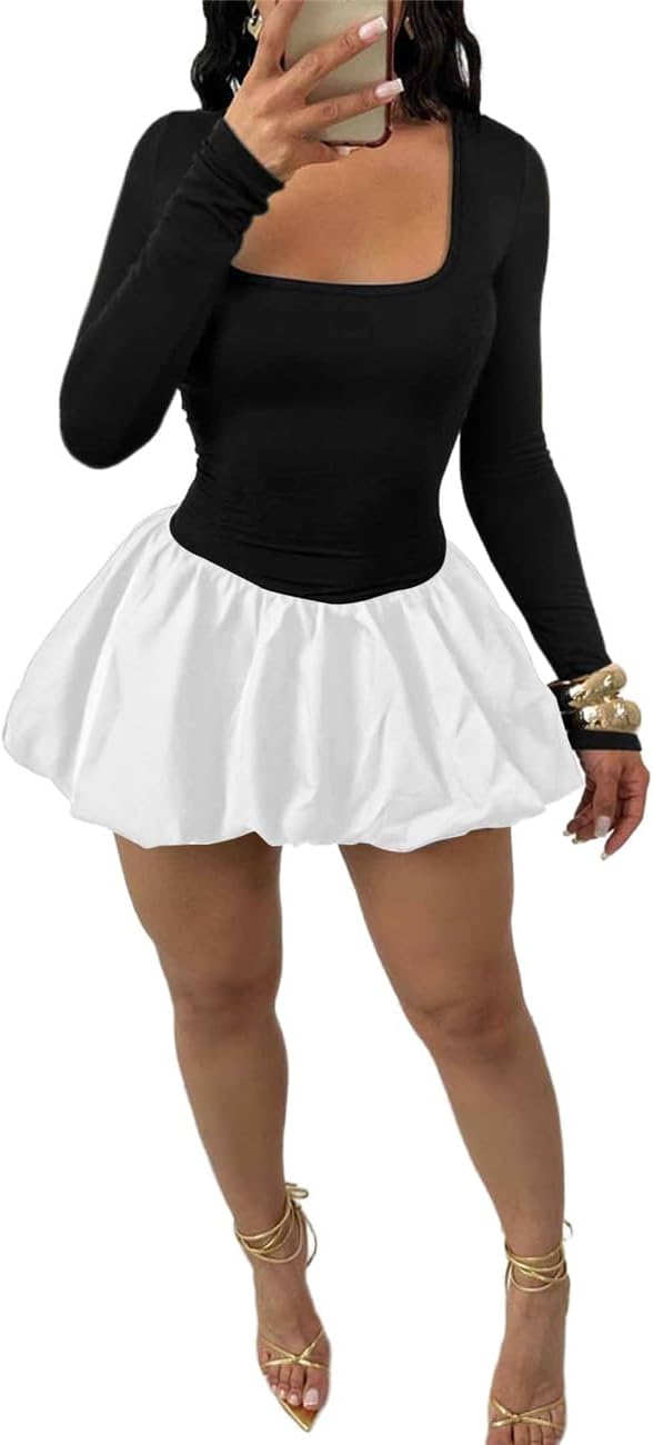 Women's Sexy Square Neck Long Sleeve Puff Bubble Balloon Mini Dress