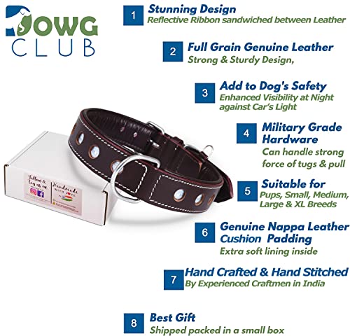 Image of Reflective Full-Grain Leather Dog Collar, Extra Large, Black | Double D Ring, Soft Nappa padding, Heavy Duty, Reflective Detailing, Adjustable Fit, Fit Neck Size 22 inch-26 inch