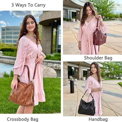 Hobo Bags for Women Handbags Purse Ladies Boho Shoulder Bag Crossbody Purses PU Leather Brown 2PCS - Image 3