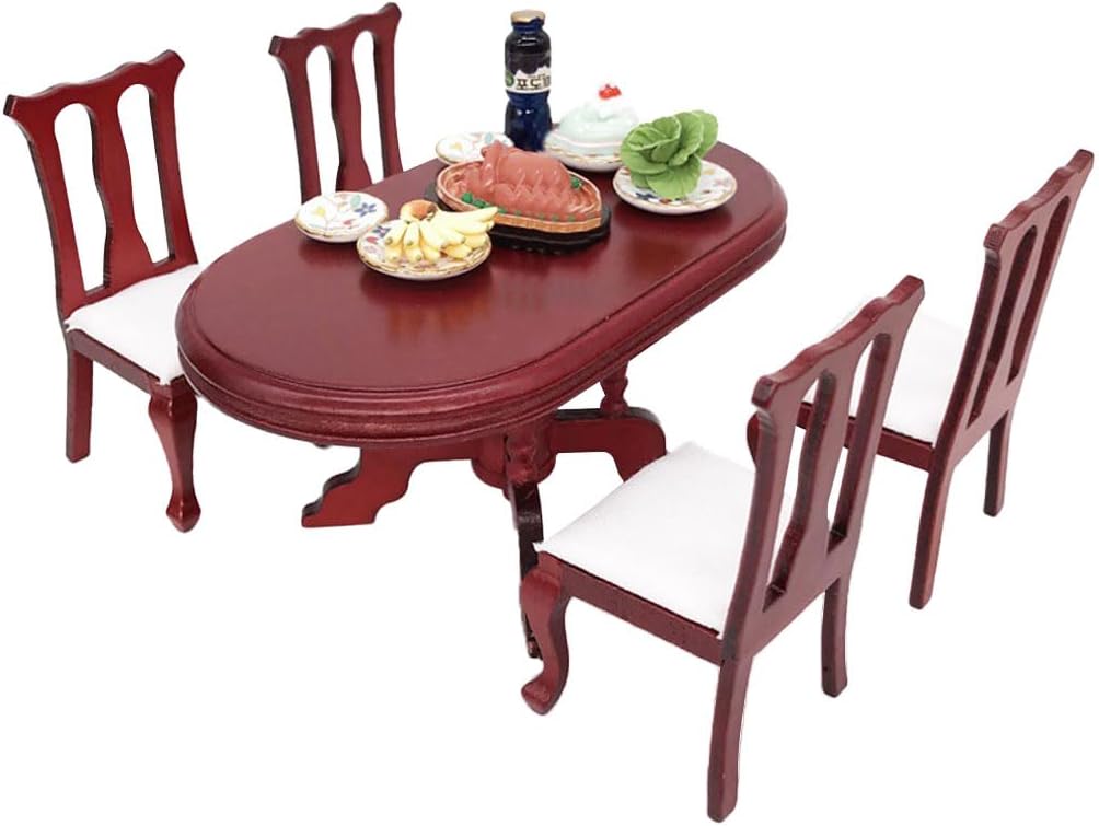 Dollhouses Dining Table and Chairs Furniture, 1/12 Scale Miniature Wooden Dining Table and Chairs Set Dollhouses Accessories Pretend Play Furniture Set (Set of 5)