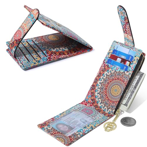 Image of Badiya Slim Women Wallet RFID Blocking Bifold Compact 9 Card Slots Holder Wallets Soft Leather with Zipper Coin Pocket 2 ID Window