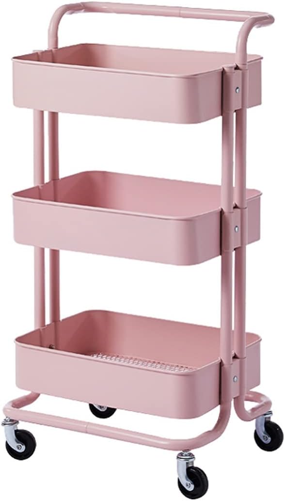 LEIYTFE Modern Rolling Cart 3-Tier Metal Utility Cart with Handle Kitchen Serving Cart, Island Storage Cart-Kitchen, Dining or Living Room, Bathroom Cart (Color : Pink)