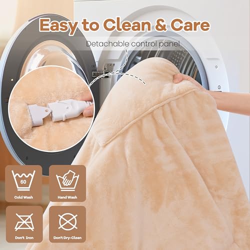 Wearable Electric Blanket with Foot Pocket and Sleeves, Heating Throw Blanket, 6 Heating Levels & Auto Shut Off, Machine Washable (Long, Beige)