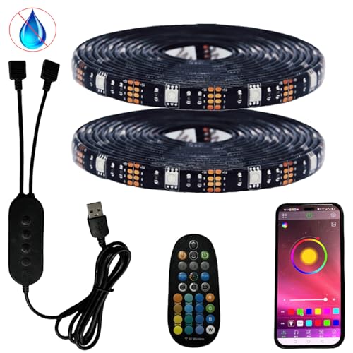 FOLGEMIR 4 Meter (2x 2M) RGB LED Streifen dimmbar, Bluetooth/APP kontrollierte TV USB Hintergrundbeleuchtung mit RF Fernbedienung, 5050 RGB Strip für HDTV TV Beleuchtung, wasserdicht IP20