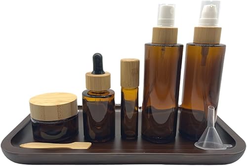 Recipientes vacíos recargables de vidrio marrón para cosméticos con cubierta de bambú, paquete de 5, botella de spray, bomba de loción, cuentagotas,