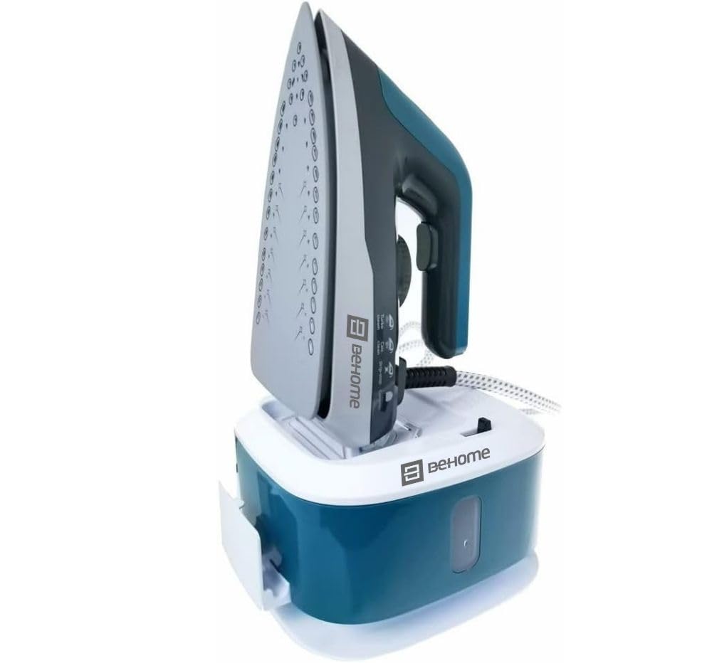 BEHOME Ferro da Stiro con Caldaia a Vapore Continuo e Piastra in Ceramica 2250W Capacità 1,5L | Filtro Anticalcare Incluso Base Avvolgicavo Colore Grigio Scuro, Bianco e Ottanio