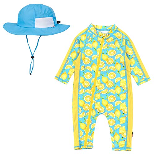 SwimZip Kid's Lemon Sunsuit - 6-12 Month + Aqua Wide Brim Sun Hat - 6-24 Month