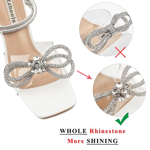 Image of Zzheels Double Bowknots Crystal Clear Heels Strappy Sandals | Clear Slingback Heels, Sparkly Rhinesotne Bow, Square Toe, Party, Dating