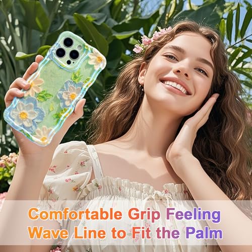 EYZUTAK Case for iPhone 15 Pro, Colorful Oil Painting Flower, Blue White | Laser Glossy Floral Pattern, Cute Curly Wave Edge, Exquisite Phone Cover, Stylish Durable TPU Protective Case for Girl Women - image 8