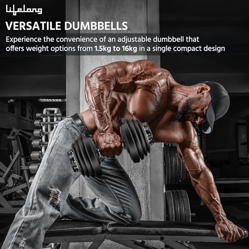 Image of Lifelong Adjustable Dumbbell for Home Gym - 1.5kg to 16kg Easy Dumbbell Weight Adjustment - Iron Weights - Gym Equipment suitable for fitness workout at Home for Men & Women, Black (LLAD03)
