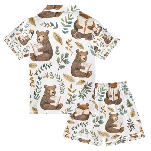 senya Cute Bears Read Books Satin Summer Pajama Sets Silk Short Sleeve Button Down Sleepwear2