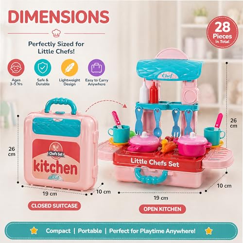 Image of Lifelong Compact Kitchen Play Set for Kids 3-5 Years | Portable Suitcase Toy Kitchen | 28-Piece Pretend Cooking Accessories with Stove, Pots, Pans & Play Food | Plastic Playset for Girls (19*26*10)