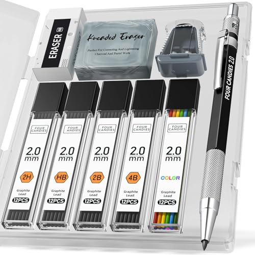 Four Candies 2MM Mechanical Pencil Set with case, Artist Led Pencil Metal Lead Holder with 60PCS Graphite Lead Refill (HB, 2H, 2B, 4B, Color) Kneaded Eraser, Sharpener for Writing, Drawing, Sketching