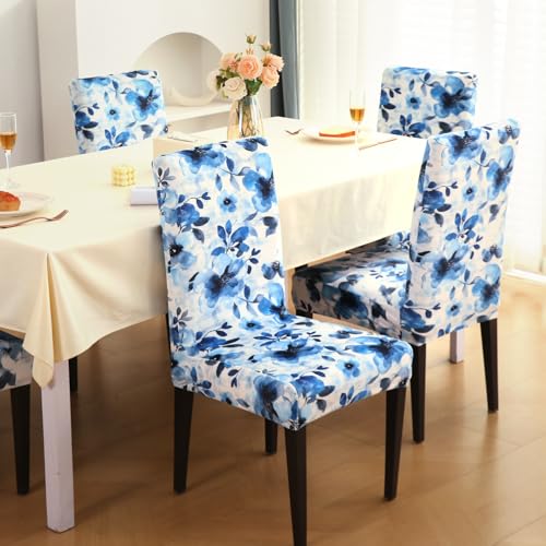 Image of HOKIPO Premium Printed Velvet Chair Cover Set of 2 for Dining Table, Blue Azure Botanical (AR-5794-D8*2)