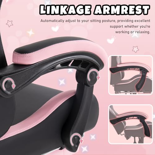 Black Gaming Chair with Cat Ears and Cat Paw Lumbar Cushion, Cute Ergonomic Gaming Computer Desk Chair with Footrest and Linked Armrests, Comfortable PU Leather Game Chair for Girls and Adults