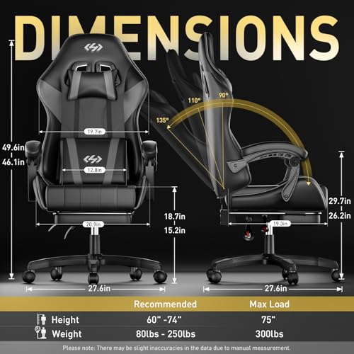 Image of HLDIRECT Gaming Chair, Ergonomic Computer Office Chair with Lumbar Support, Footrest, Headrest, PU Leather, 360 Swivel, Adjustable Height, Metal Frame, 200 lbs Capacity (Black&Grey)