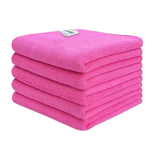Image of SOFTSPUN Microfiber Cleaning Cloths, 50X50 cms 5pcs Towel Set 340 GSM Pink! Highly Absorbent Lint and Streak Free Multipurpose Wash Cloth for Kitchen Car Window Stainless Steel Silverware.