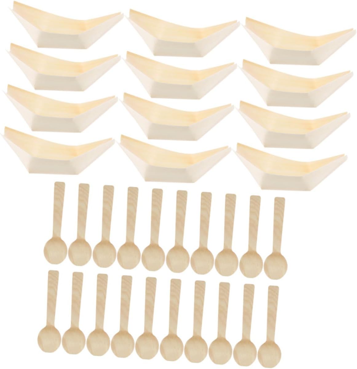 Disposable Wooden Sushi Boat Serving Trays 3-inch, 100pcs Pine Snack Plates with 50 Disposable Flat Spoons, Food-grade Wooden Appetizer Bowls for Sushi Display and Party Catering