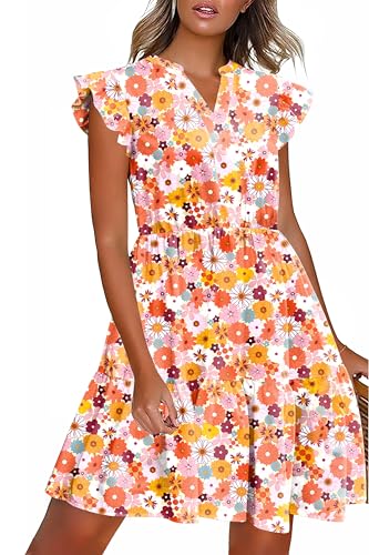 Image of HOTOUCH Women Printed Dress for Summer Short Ruffle Sleeve Dress Tiered Mini Dress with Pockets