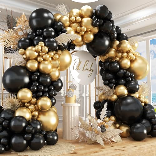Image of 412Pcs Black and Gold Balloons Garland Arch Kit,18 12 10 5 Inch Different Size Black and Metallic Gold Balloons for Graduation Birthday Wedding Party Decorations