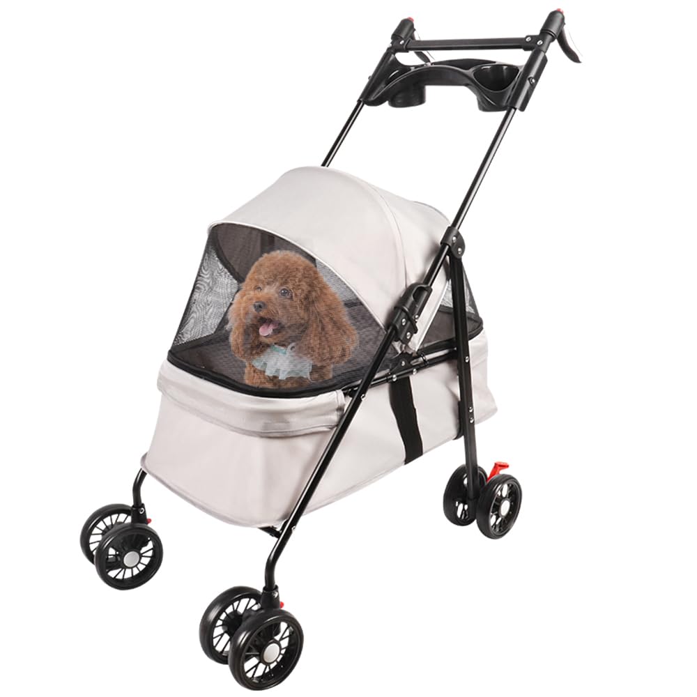 OHMG - Cochecito plegable para perros pequeños y mayores, hasta 20 kg, ruedas con frenos de 360°, cesta xxl,3 ventanas,portavasos,carrito para perro
