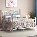 E-Motie Bett 140×200 mit Schmetterlingsmuster Kopf und Fußteil/Matratzenunterlage/Stauraum unter dem Bett/ 140 x 200 cm/Kein Lattenrost Erforderlich/Einfache Montage/Geräuscharm/Weiß