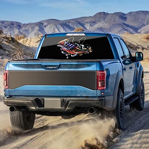Striped Bass Truck Rear Window Decal, American Flag Car Back Window Decal Sticker Perfortated See Through Graphics Tint Print Trucks, Suv, Cars, Universal, 66''X20'' #TOP1