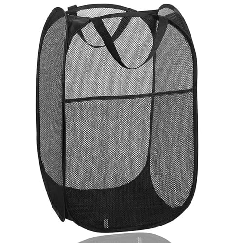Folding Laundry Basket Mesh Collapsible Laundry Baskets, Pop up Laundry Hamper Bins, Folding Washing Basket with Handles Foldable Laundry Basket for Clothes Tidy Storage (Black)