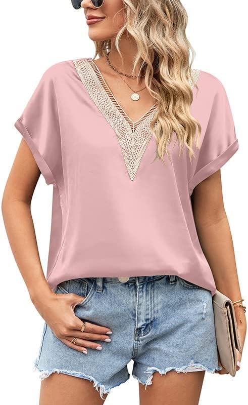 Doeunner Women's V Neck T Shirts Short Sleeve Tops Summer Casual Business Chiffon Blouses Work Office Blouses T Shirts Basic Tees Shirt Tops