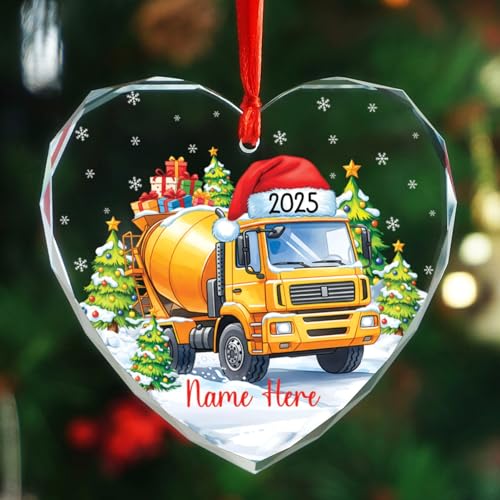 Yellow Concrete Mixer Truck Ornaments for Christmas Tree, Personalized Cement Truck Glass Christmas Ornament, Gift for Construction Workers Boys Kids, Heavy Equipment Vehicle Ornament Custom Name