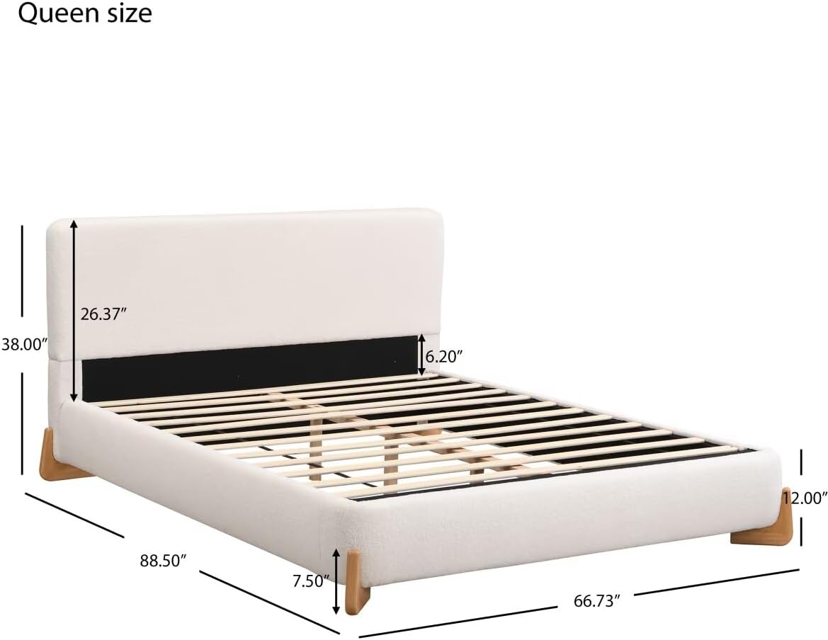 Elegant Boucle Queen Size Platform Upholstered Bed,Comfortable Bedroom Centerpiece, Cloud Bed Frame, Easy Assembly, (White, Queen)