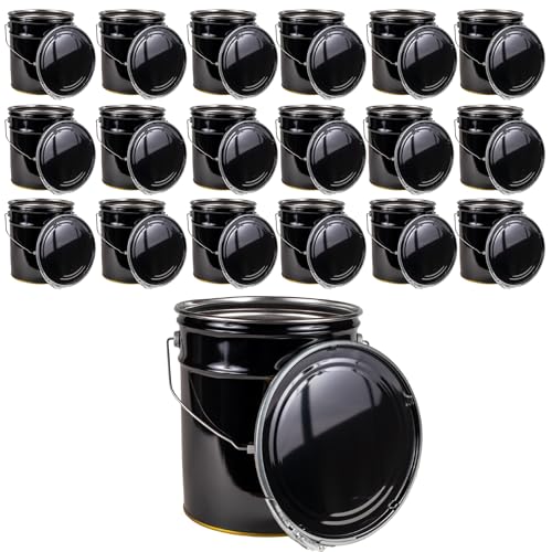 ATERET 5 Gallon Black Metal Bucket & Lever Lock Pail Lid, Heavy Duty Durable Pails and Lids for Outdoor and Household Use (18 Pack)