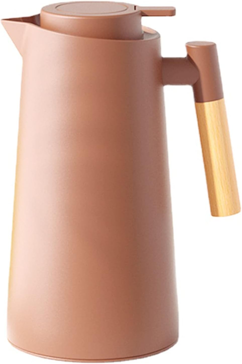 Insulated Vacuum Jug, Thermal Coffee Carafe Flask for Hot and Cold Tea Coffee, with Simple Safety Push Button, Wooden Handle, Nonslip Bottom, for Home Office Hotel (Brown,1L)