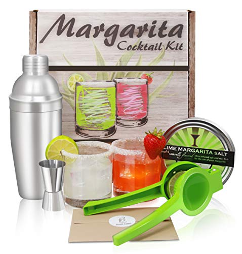 Margarita Cocktail Kit - Set of Rocks Glasses | Stainless Cocktail Shaker & Jigger | Citrus Squeezer | Rokz Lime Infused Margarita Salt | Recipe Cards. Accessories to Craft Perfect Margaritas at Home!
