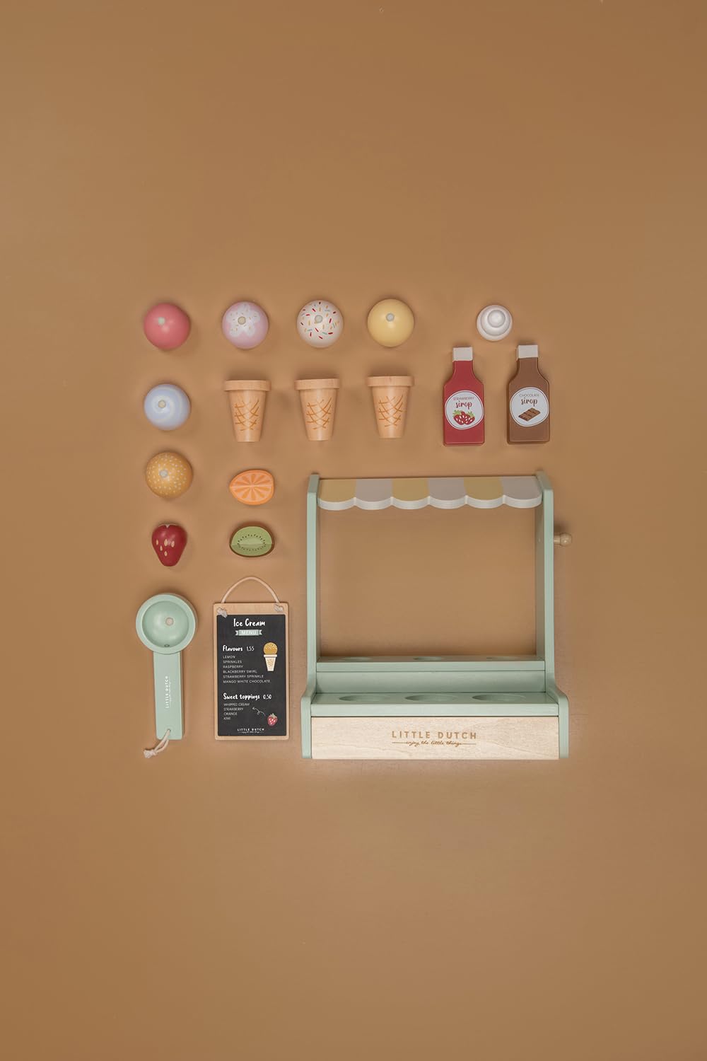 Little Dutch Eisstand Eisdiele aus Holz mit EIS, Eishörnchen und Toppings 18-teilig Set
