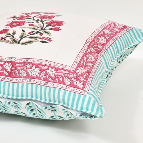 Image of BLOCKS OF INDIA Hand Block Printed Cotton Cushion Cover (16 X 16 Inches) (Cushion 5), 300 TC, Green