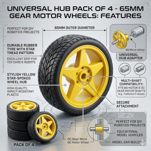 Image of Pack Of 4 65mm Robot Wheel-Reinforced Nylon-Sturdy Rubber-Increased Friction-Durable Rubber Tire-For BO Motors-Black And Yellow-