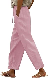 Pantalones de lino de algodón para mujer, para verano, otoño, holgados, de pierna recta, ligeros, cómodos, con bolsillo, pantalones casuales de color sólido, cordón elástico, cintura 7/8, pantalones