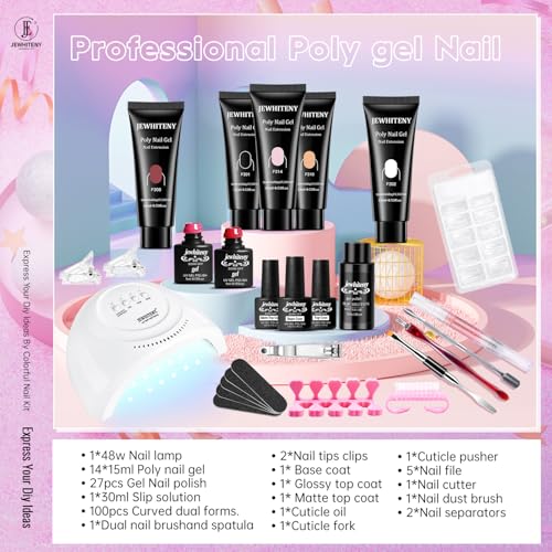 JEWHITENY 14 Colors Poly Gel Nail Kit 27 Colors Gel Nail Polish Kit With U V Light All In One Nail Art Starter Kit Suitable For All Seasons