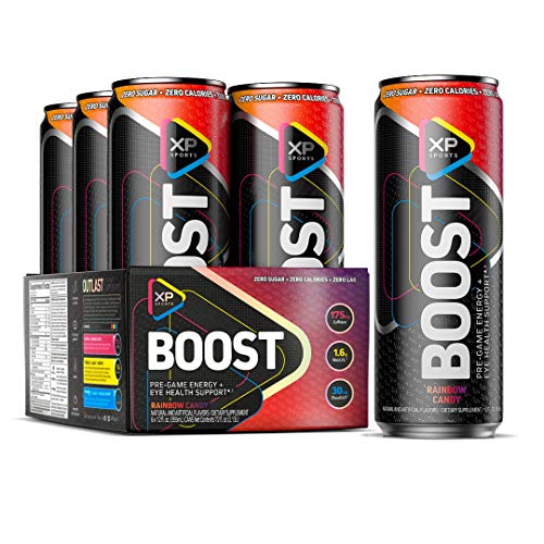 Energy Drinks | XP Sports Boost Energy Drink | Alertness + Focus Supplement + Eye Health Support | PreWorkout Drink for Men & Women | Gamer Energy Supplements | Rainbow Candy, 12 fl oz (6 Pack)
