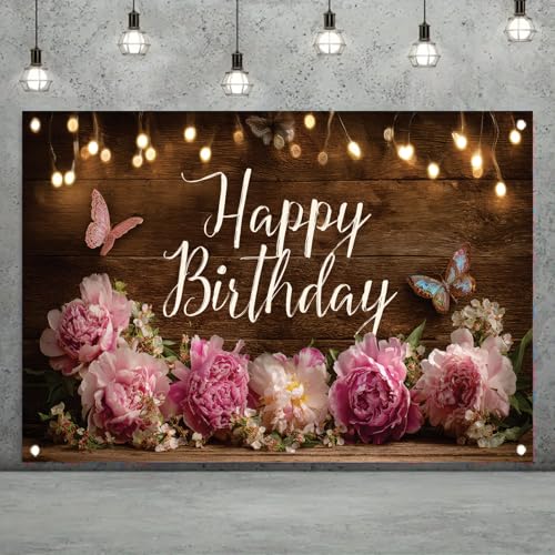 Saoplasa Rustic Happy Birthday Backdrop 71 x 43 Inch Wood Grain Floral Photography Background for Women Girls Birthday Party Decorations Vintage Indoor Wall Decor Photo Booth Backdrop