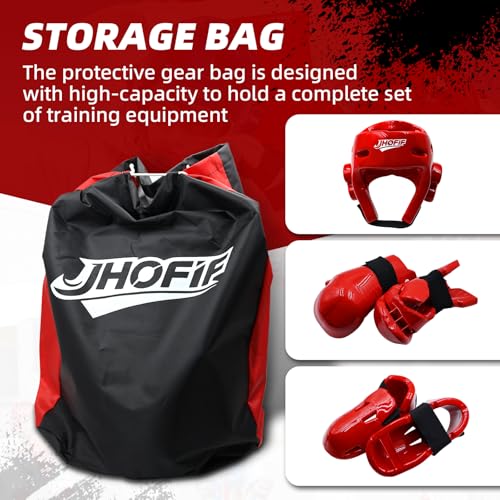 JHOFIF Martial Arts Karate Protective Sparring Gear Package Deal/Gift Adjustable Adults & Kids Headgear, Gloves & Kicks for MMA, Taekwondo, Boxing Training (Red, Medium)